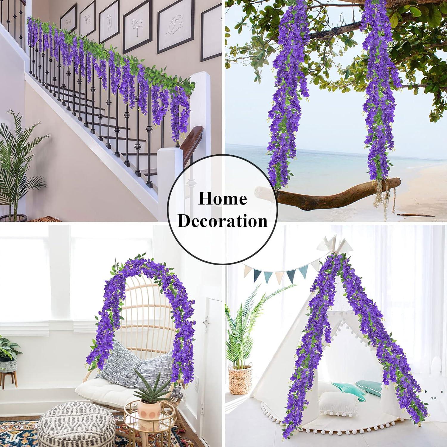 Sinhoon Wisteria Artificial Flowers Garland, 4 Pcs Total 28.8ft Artificial Wisteria Vine Silk Hanging Flower for Home Garden Outdoor Ceremony Wedding Arch Floral Decor (Light Purple)