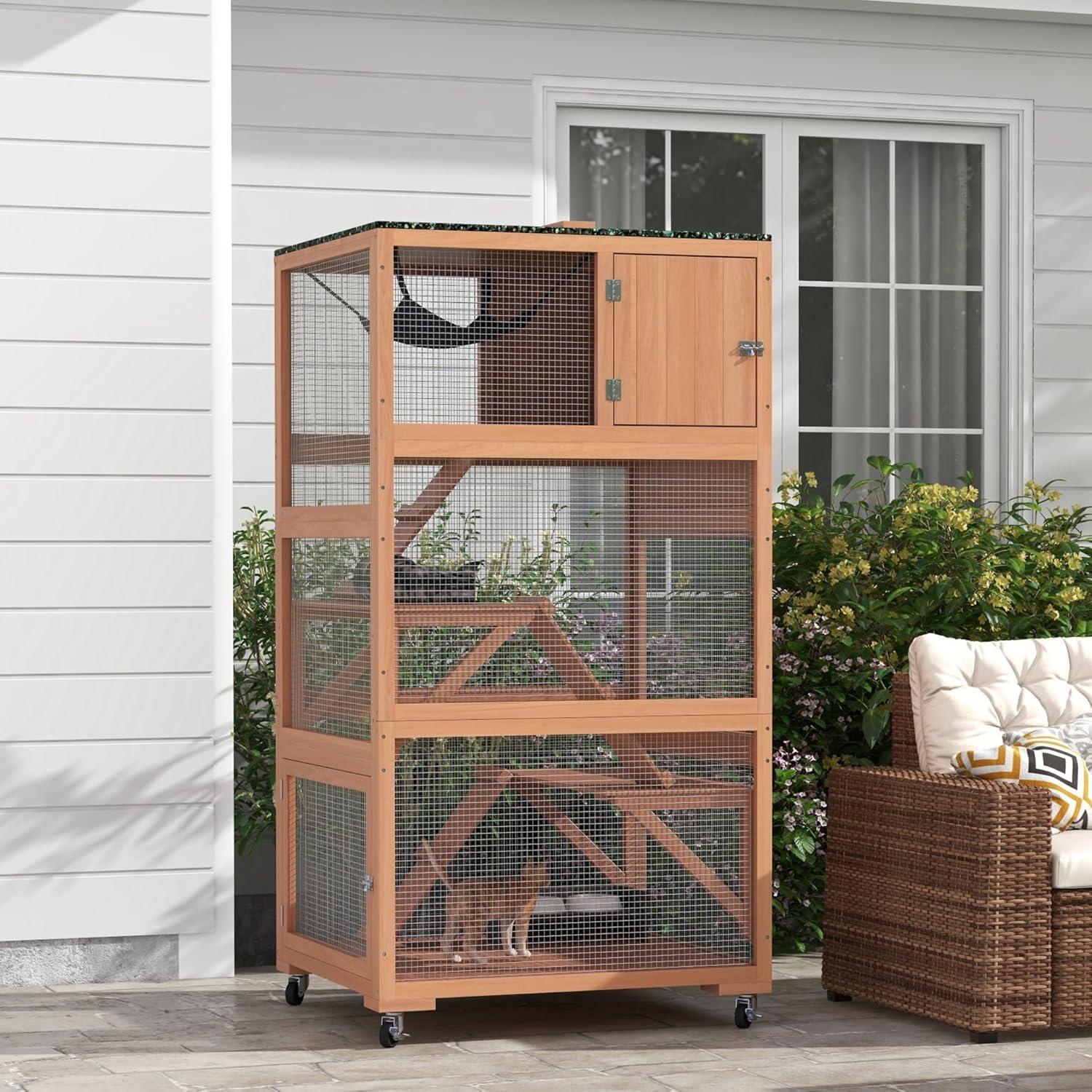 PawHut Catio, Outdoor Cat Enclosure House, Wooden Feral Cat Shelter on Wheels with Hammock, Platforms Ramps, and Waterproof Roof, 34", Orange