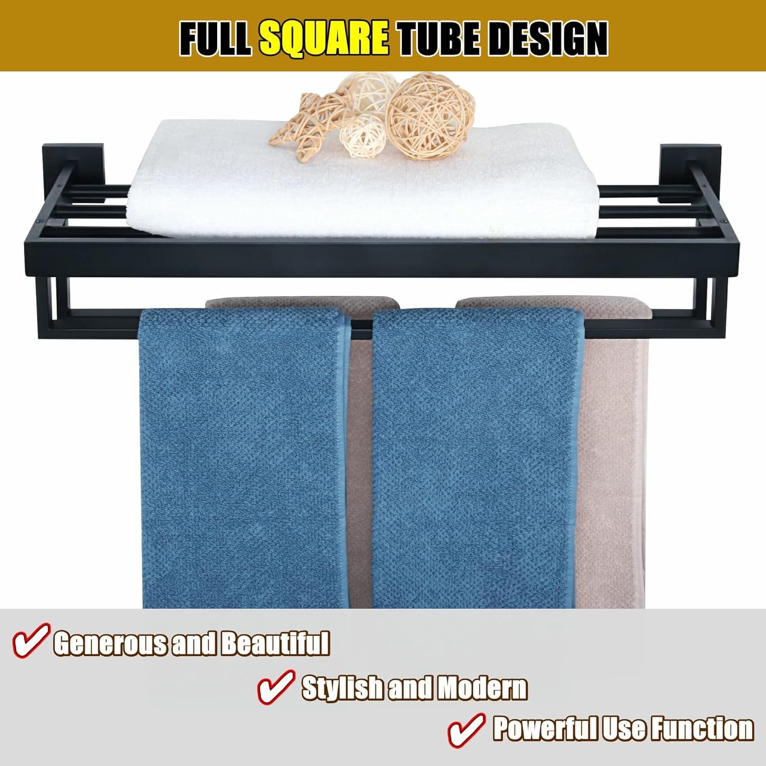 Alise Towel Rack with Double Towel Bar, 24 Inch Towel Racks for Bathroom, Modern Towel Holder for Bathroom Wall, SUS304 Stainless Steel Towel Shelf, Matte Black