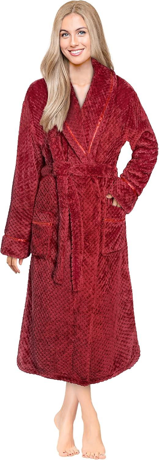 PAVILIA Women Plush Fleece Robe, Soft Textured Bathrobe, Lady Cozy Spa Long Robes, Fuzzy Satin Waffle Trim