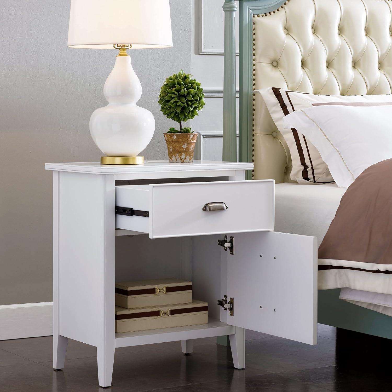Laurent Collection Hardwood Bedroom Night Stand with Top Drawer, Door and 2-plug Electrical Outlet