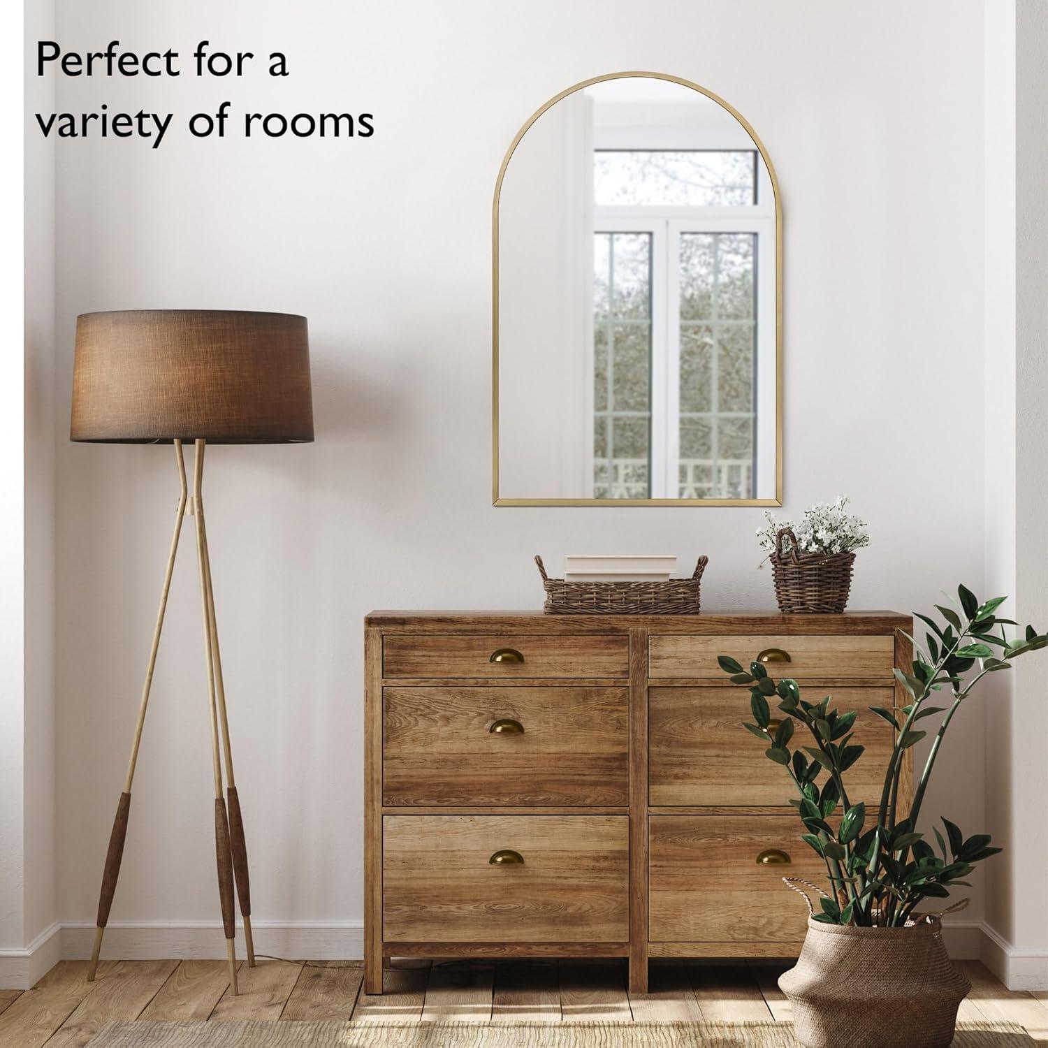 Maeve Arched Wall Accent Mirror – 36-Inch H X 24-Inch L, Modern Metal Framed – Living Room, Bedroom, Bathroom Vanity Mirror – Gold – Design House, 596726-GLD