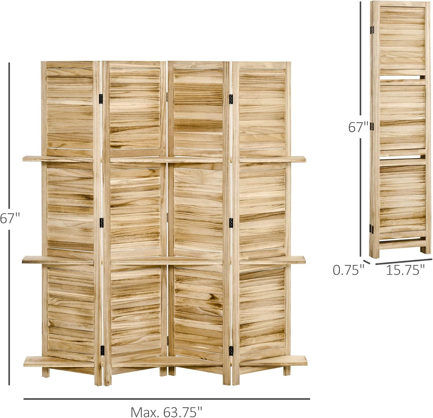 HOMCOM Room Divider, 4 Panel 67" Tall Wood Privacy Screen with 3 Display Shelves, and Folding Storage for Bedroom or Home Office, Natural Wood Color