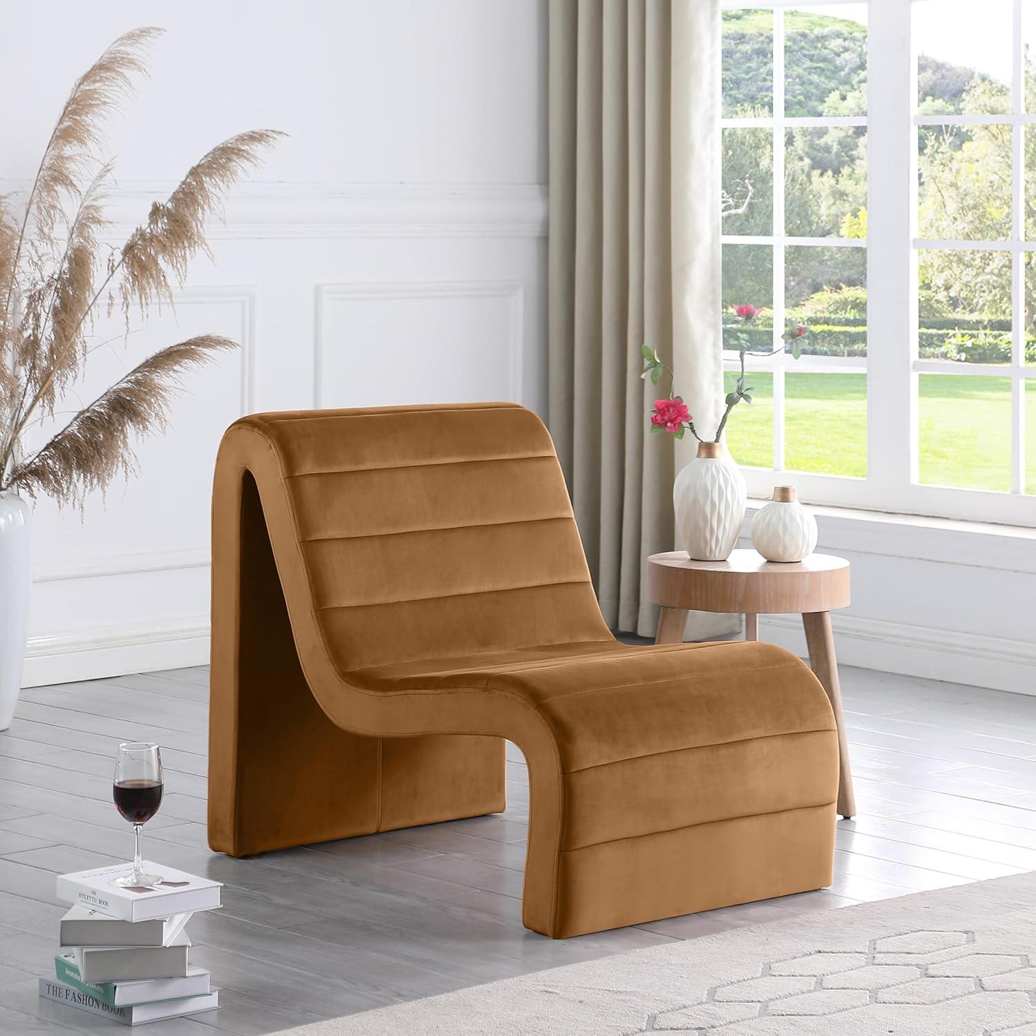 Saddle Velvet Channel Tufted Curved Accent Chair