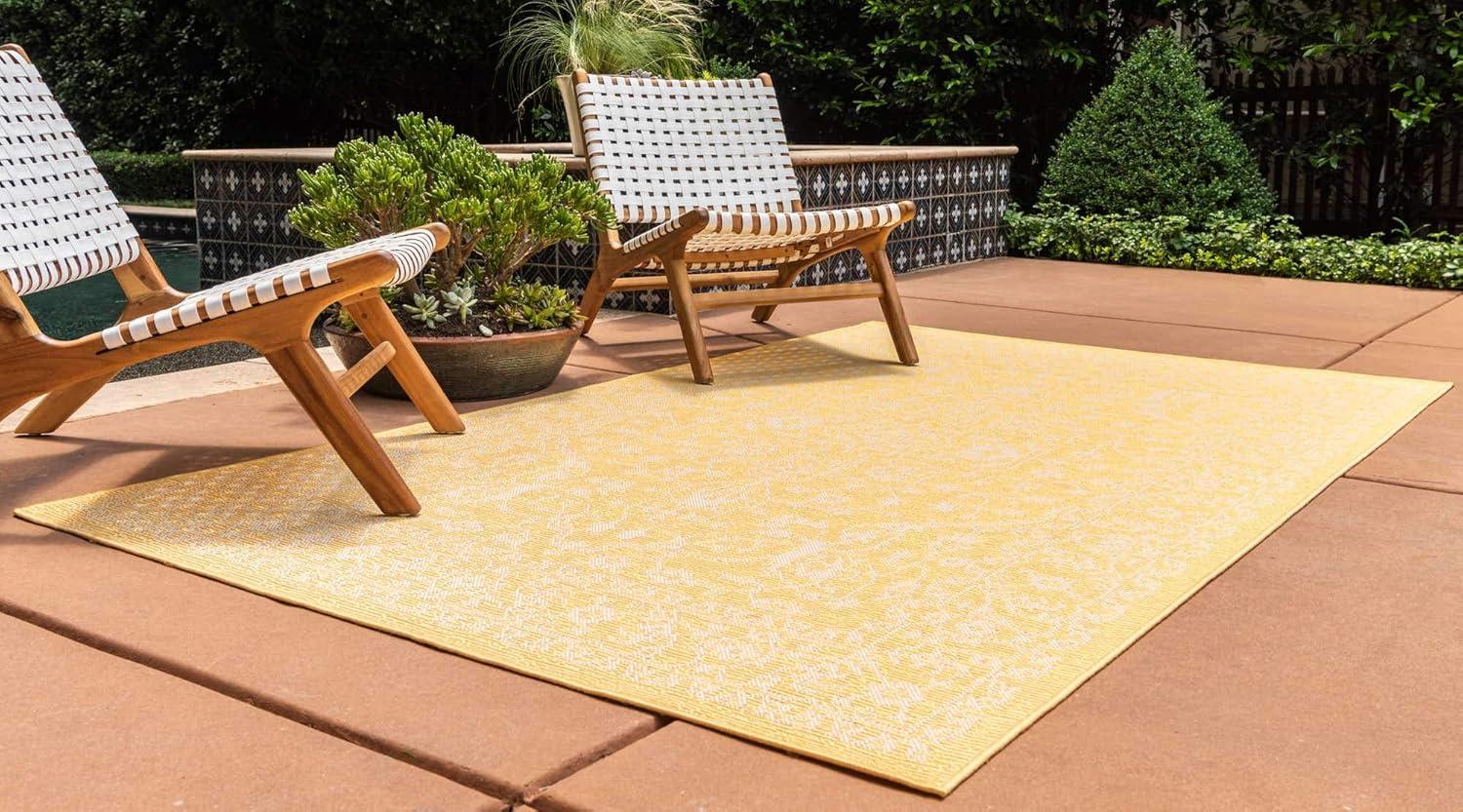 Navy Blue Botanical Easy-Care Outdoor Rectangular Rug