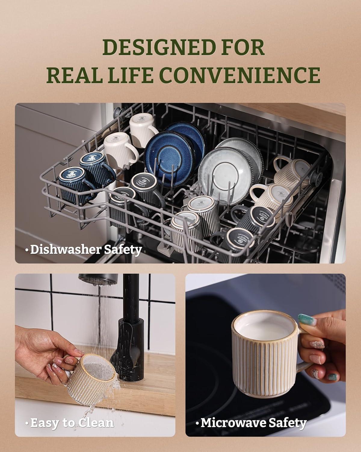 shuoli Star Espresso Cups And Saucers Set Of 4, [ Mini ] 3 Oz Ceramic Small Coffee Mug With Handle, Ribbed Stoneware Demitasse Cup For Tea, Latte - Microwave & Dishwasher Safe - Cappuccino White