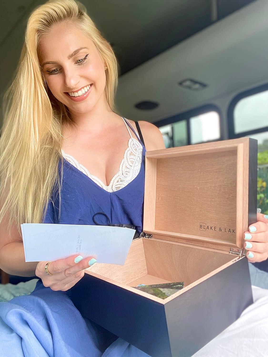 Black Wooden Storage Box with Hinged Lid and Locking Key- Large Keepsake Box with Lock - Wood Chest with Matte Finish - Store Jewelry Keepsakes Photos Gift Boxes (Black)