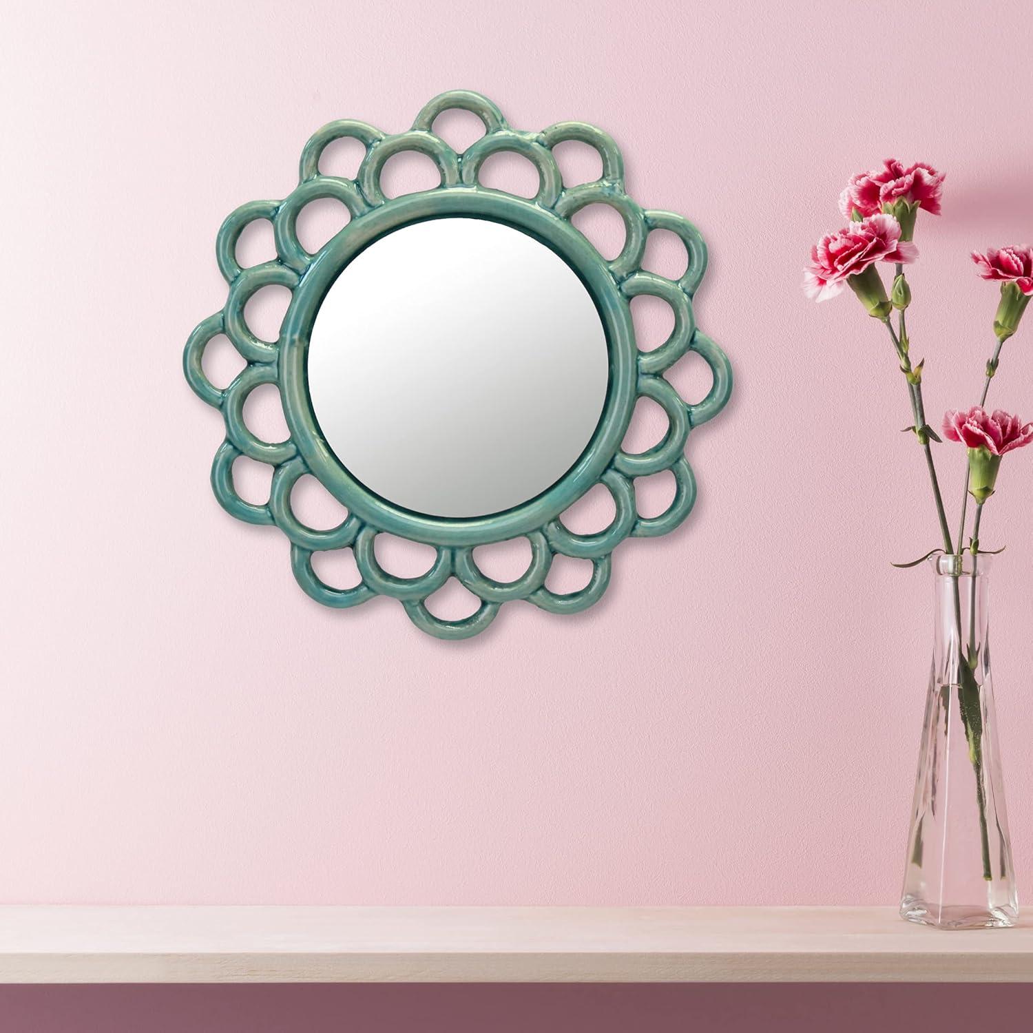 Round Ceramic Cutout Wall Hanging Mirror Turquoise - Stonebriar Collection: Vintage Style, 9" Frame, Wall Mount