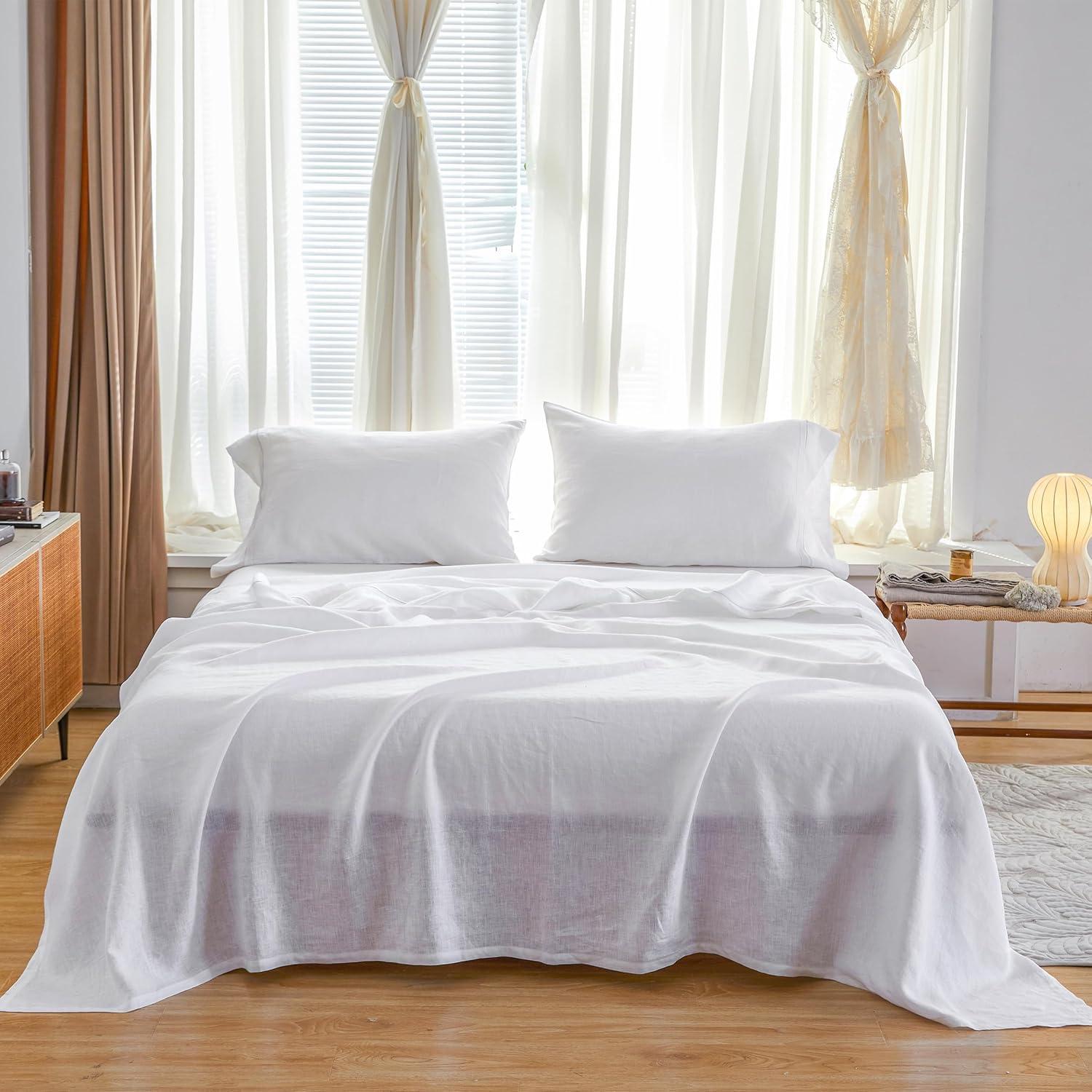 Simple&Opulence Belgian Linen Sheet Set Solid Color - 4 Pieces (1 Flat Sheet, 1 Fitted Sheet & 2 Pillowcases) Natural Flax Cotton Blend Soft Breathable Farmhouse Bedding - Full Size, White