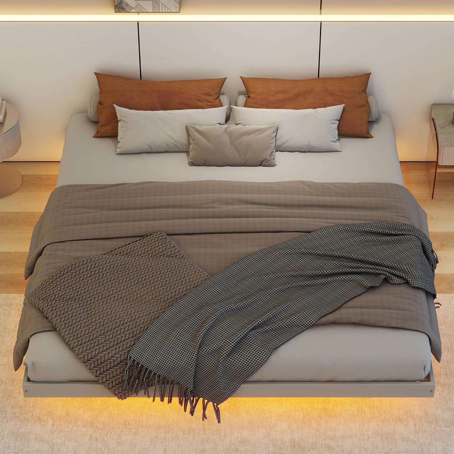 PAPROOS King Size Bed Frame, Wooden Floating Bed with LED Lights Underneath, Low Profile Basic Platform Bed, No Box Spring Needed, Gray