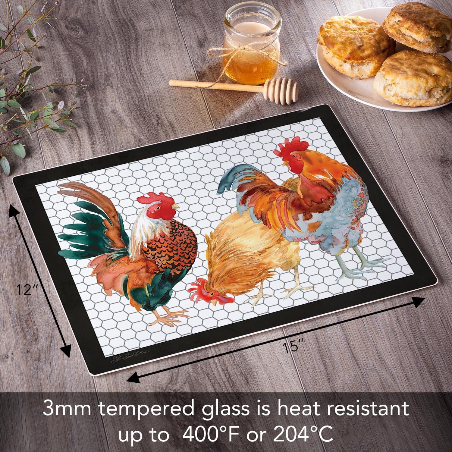 Whimsical Roosters Tempered Glass Rectangular Cutting Board