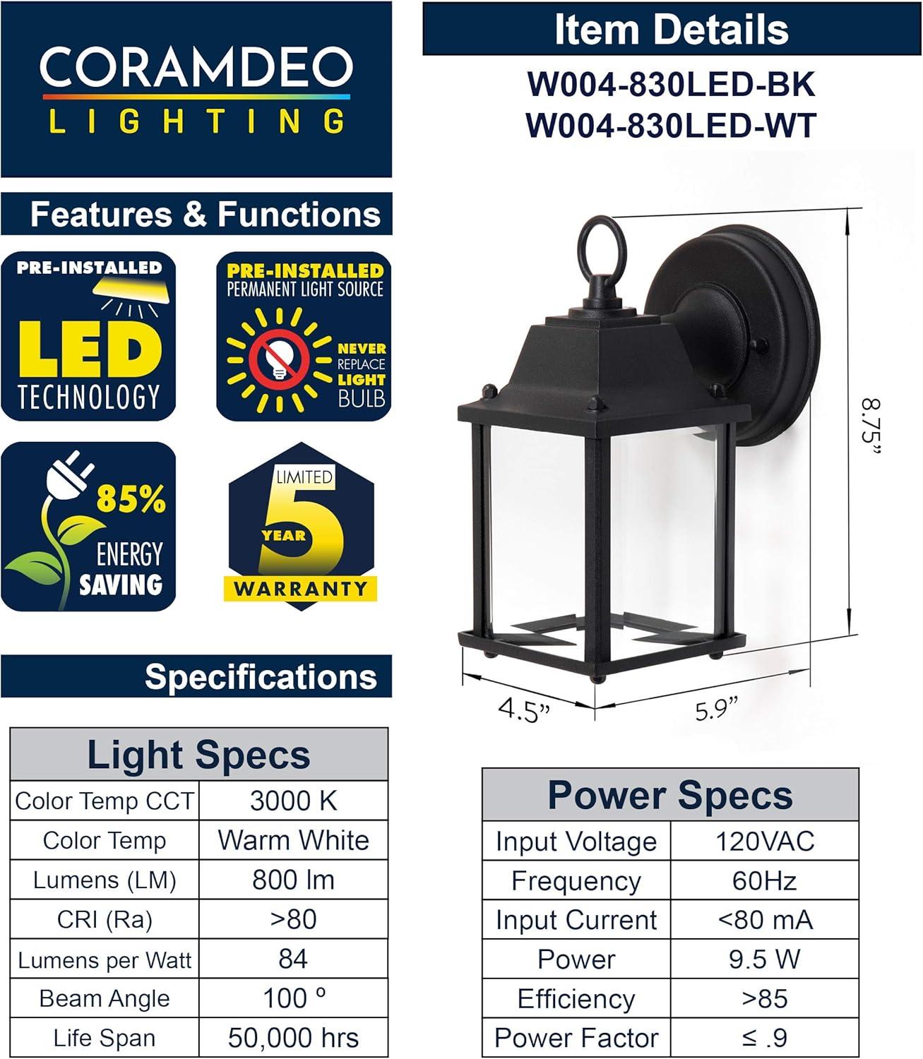 CORAMDEO Outdoor 2 PACK LED Wall Sconce Light for Porch, Patio, Barn & More, Wet Location, Built in LED gives 75W of light from 9.5W of power, Cast Aluminum w/Black Finish & Beveled G (CD-W004-830LED)