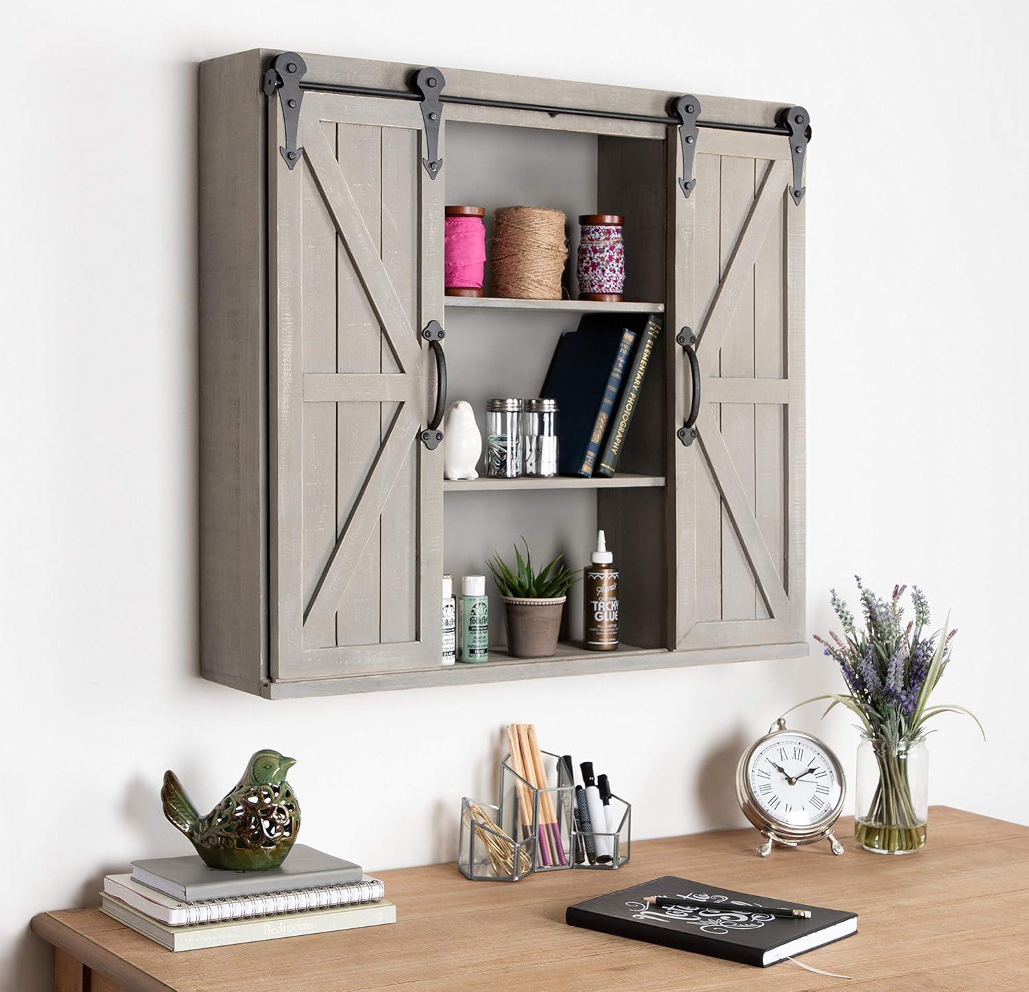 Rustic Gray Wood Wall Storage Cabinet with Sliding Barn Doors