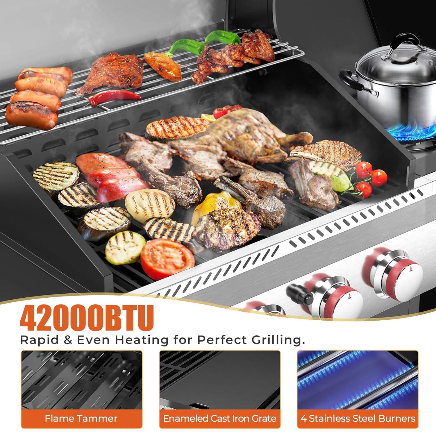 R.W.FLAME 4-Burner Propane Gas BBQ Grill with Side Burner & Cast iron grill net and baking pan, 42,000 BTU Stainless Steel Cabinet Style Propane Grill