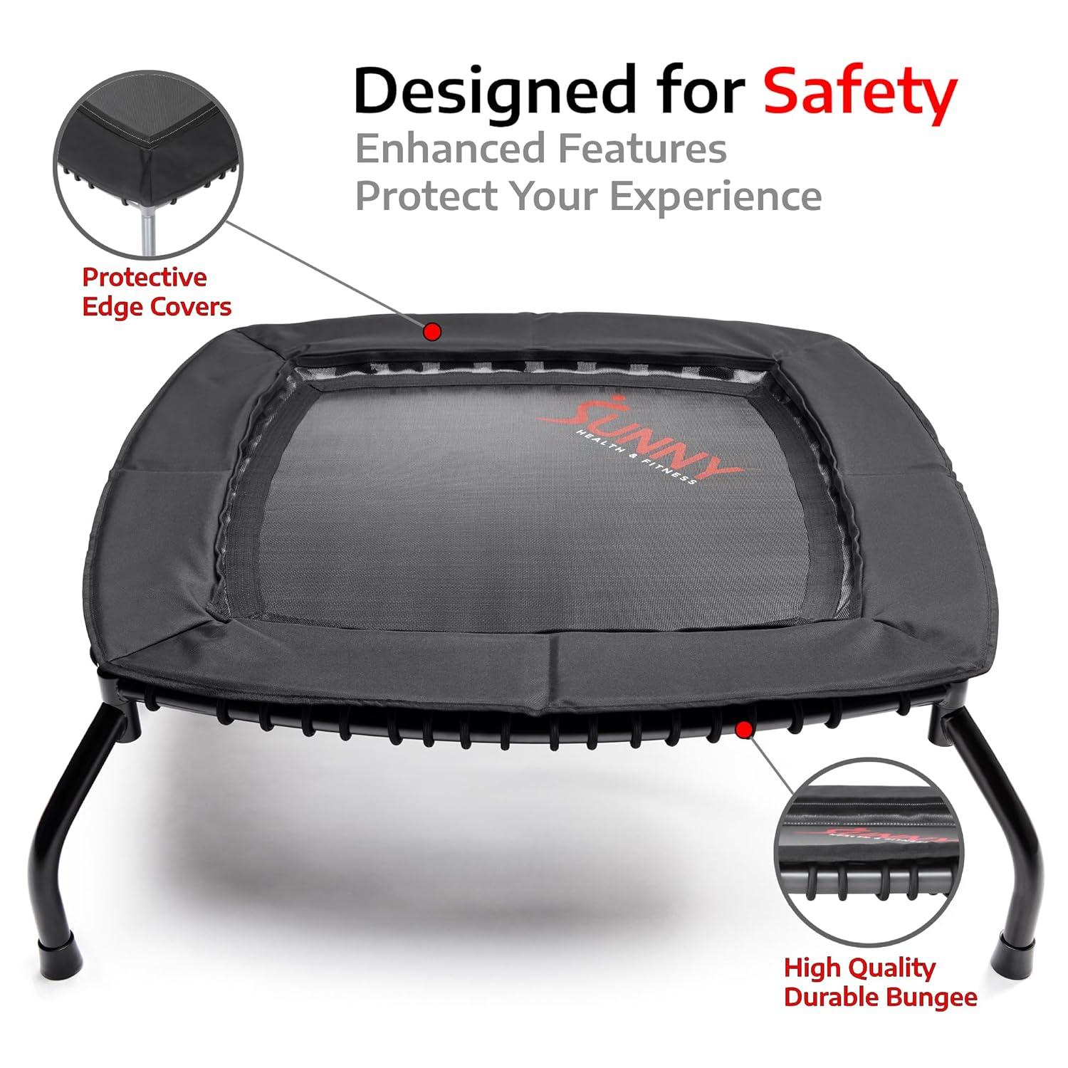 Sunny Health & Fitness Springless Mini Fitness Trampoline – Premium Adjustable Bungee-Style Indoor/Outdoor Exercise Rebounder for Quieter and Safer Workouts (36”) - SF-S021047