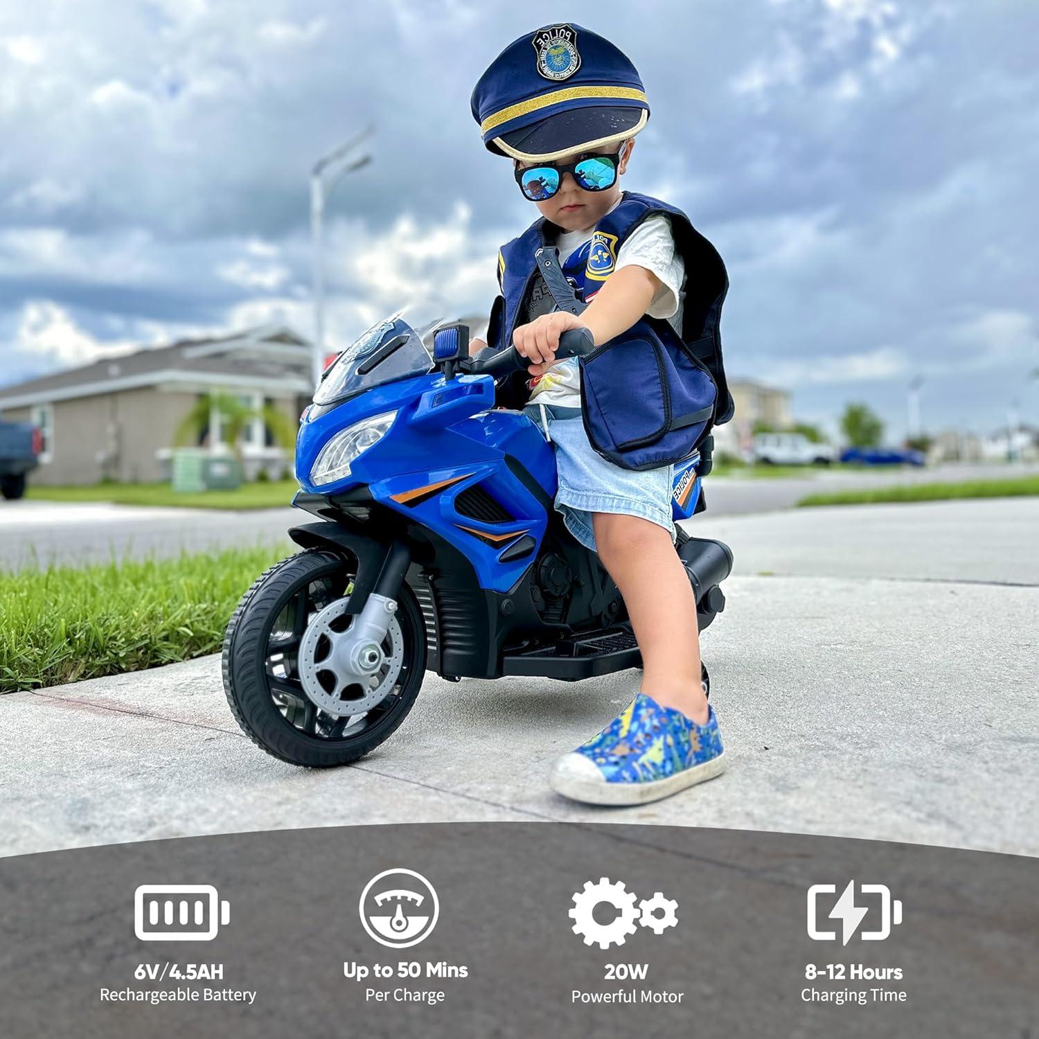 Hikiddo 6V Kids Motorcycle, Electric Ride on Toys Police Motorcycle for Toddlers with Music, Training Wheels