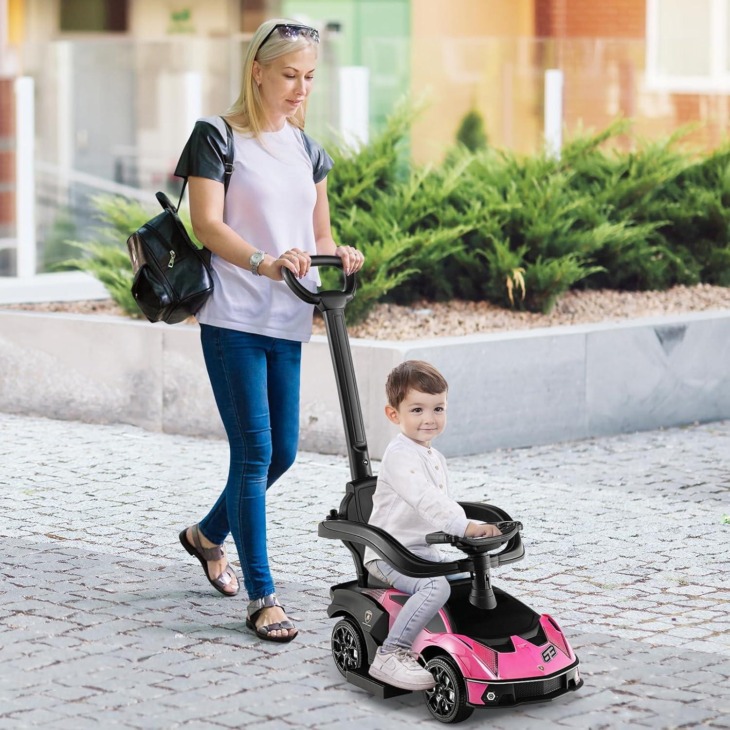 Costway 3-in-1 Licensed Lamborghini Ride on Push Car Stroller Sliding Car w/ Sound Pink