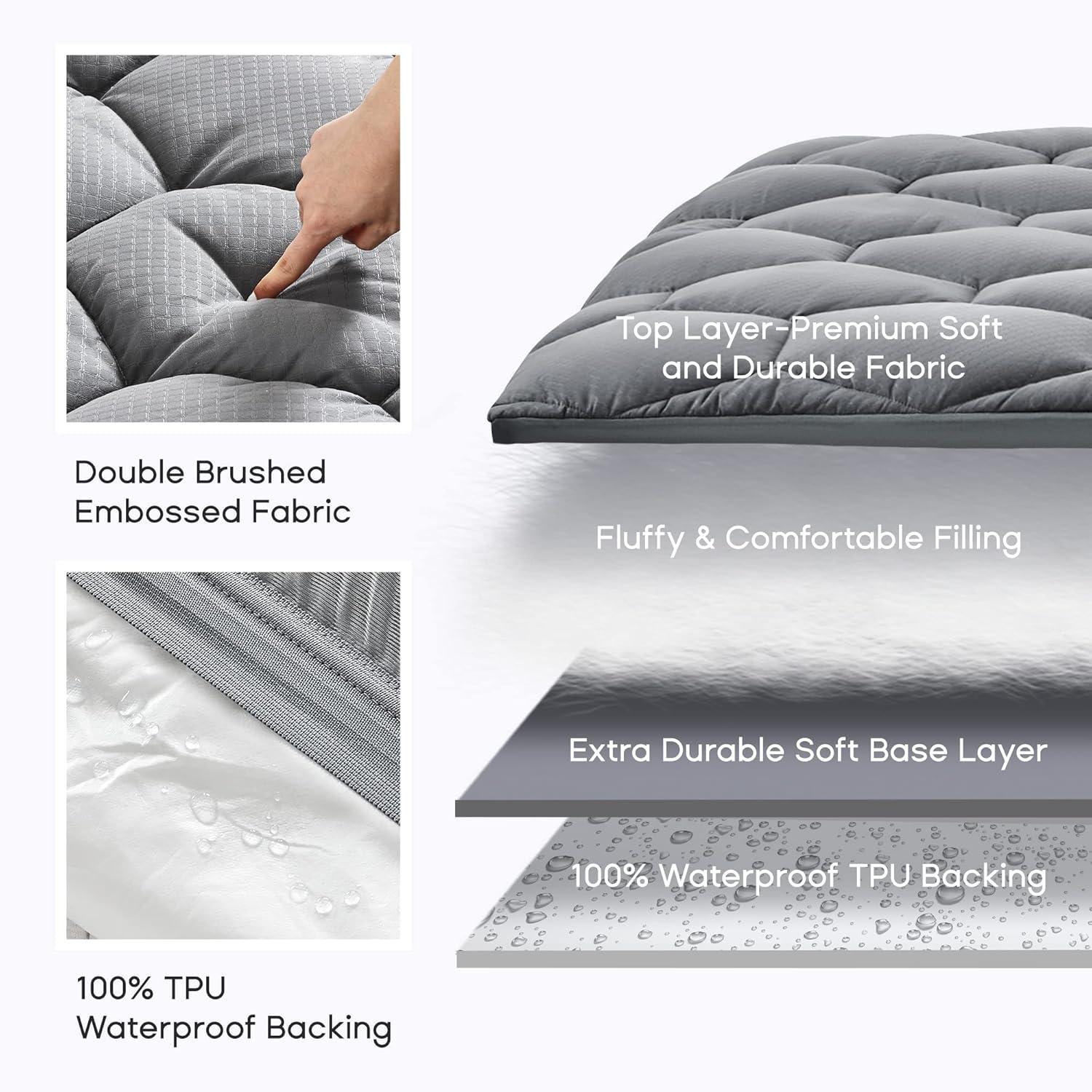 SONIVE Mattress Pad Waterproof Ultra Fluffy Soft Breathable Noiseless Quilted Fitted Mattress Protector Premuim Alternative Filling Topper Deep Pocket up to 21'' （Grey, Queen）