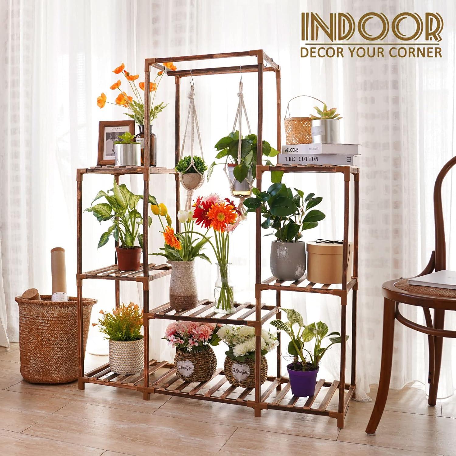 Tall Brown Pine Wood 8-Tier Indoor/Outdoor Plant Stand