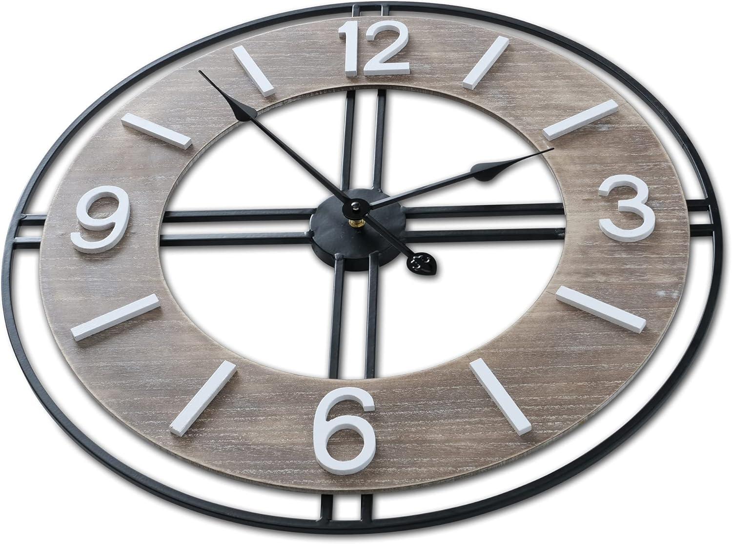 Modern Farmhouse Clock, Black Frame, White Numerals, Distressed Finish, Metal, MDF, Quartz Movement, 23.5 Inches (60 cm) 1 AA Battery (Not Included) Loft Living Collection