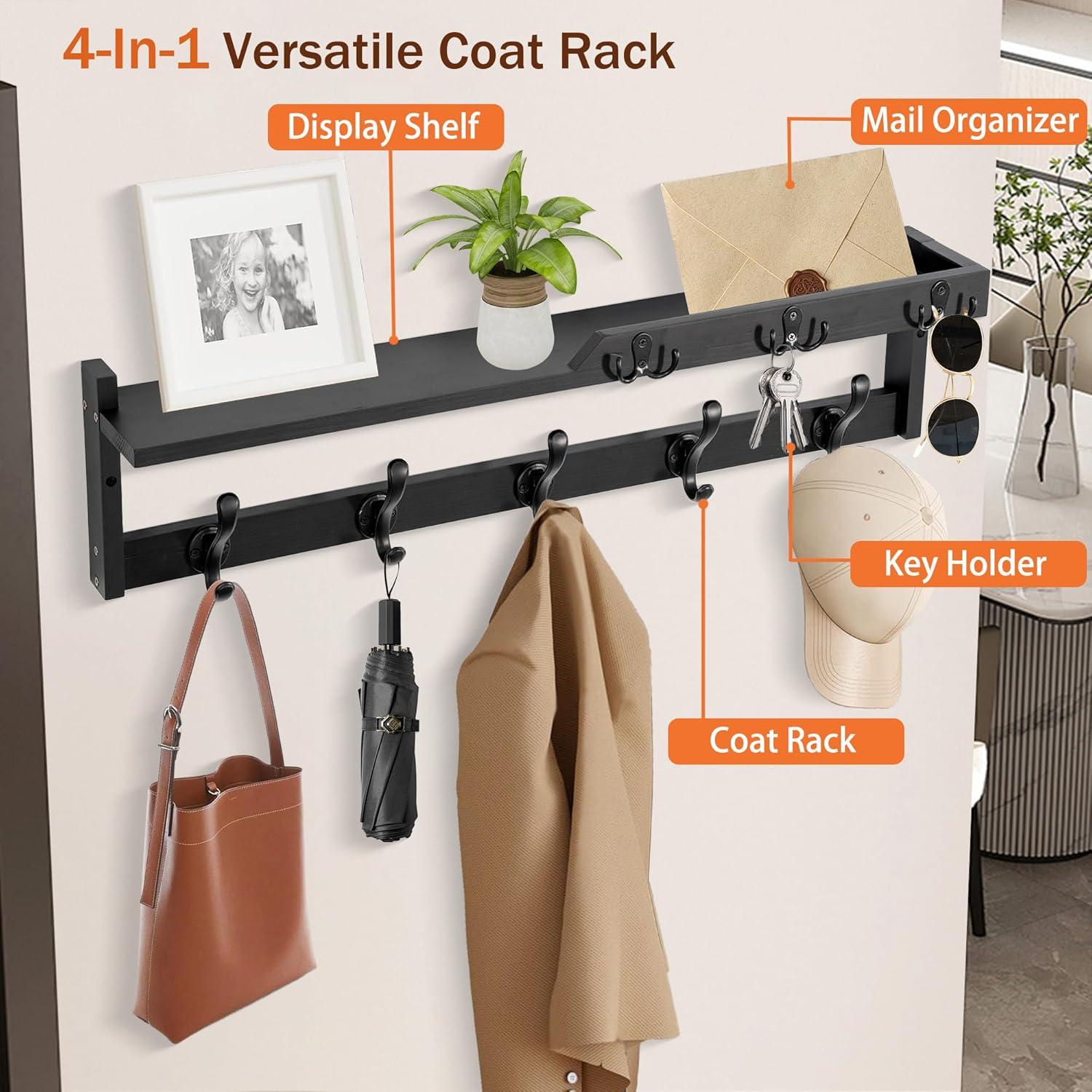 Black Wood Wall Mount Coat Rack with Shelf and 5 Hooks