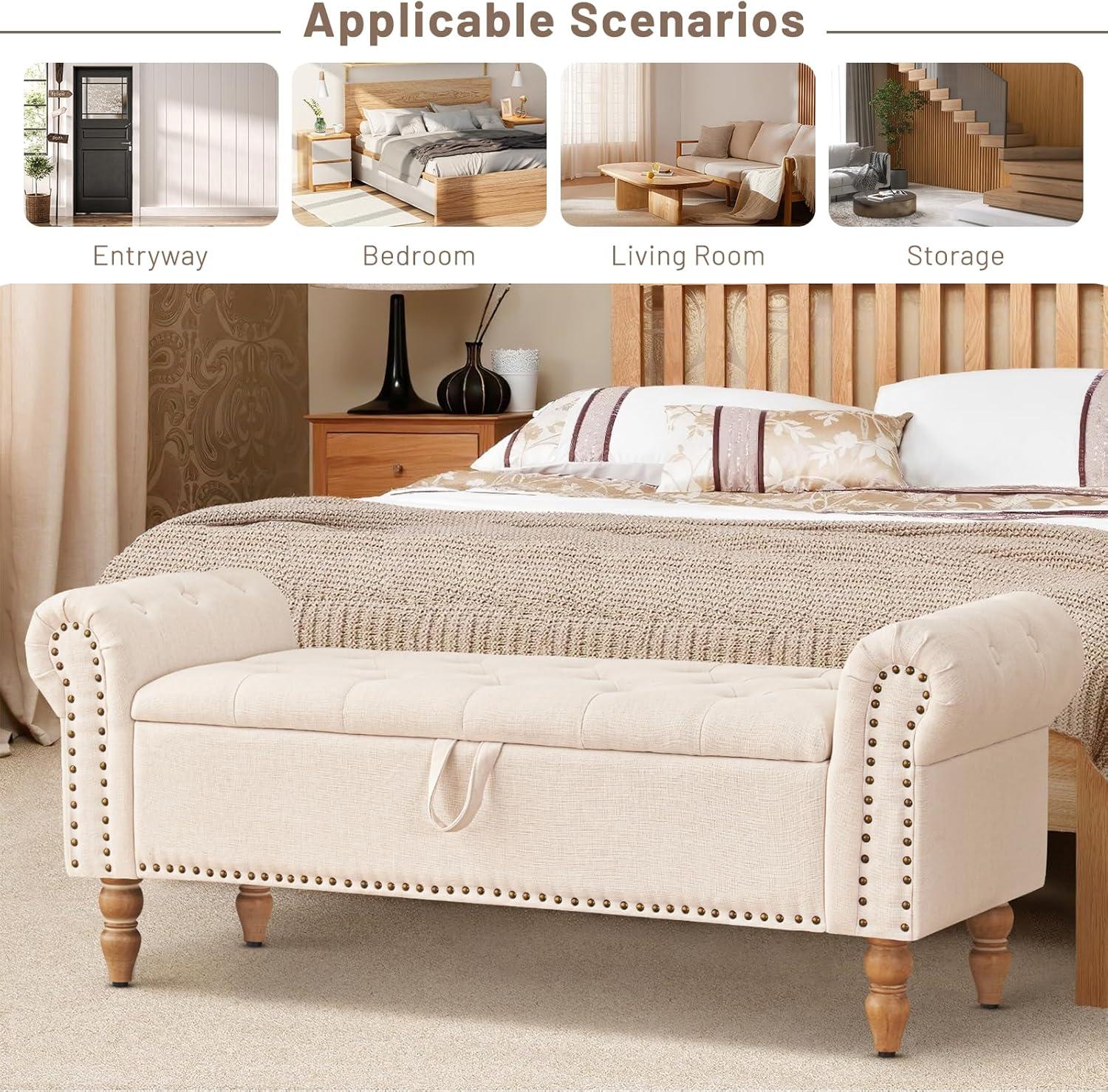 Furniliving Storage Ottoman Bench Button Tufted End of Bed Bench Storage Bench for Bedroom, Beige