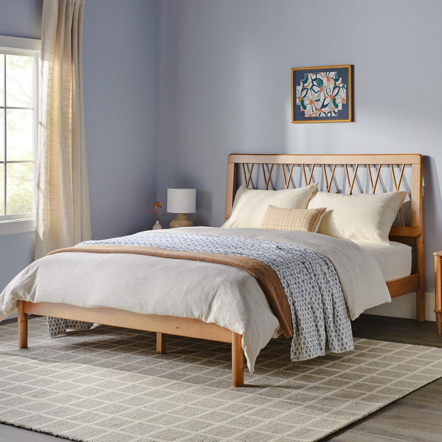 Walker Edison Transitional Solid Wood Platform Queen Bed, Caramel