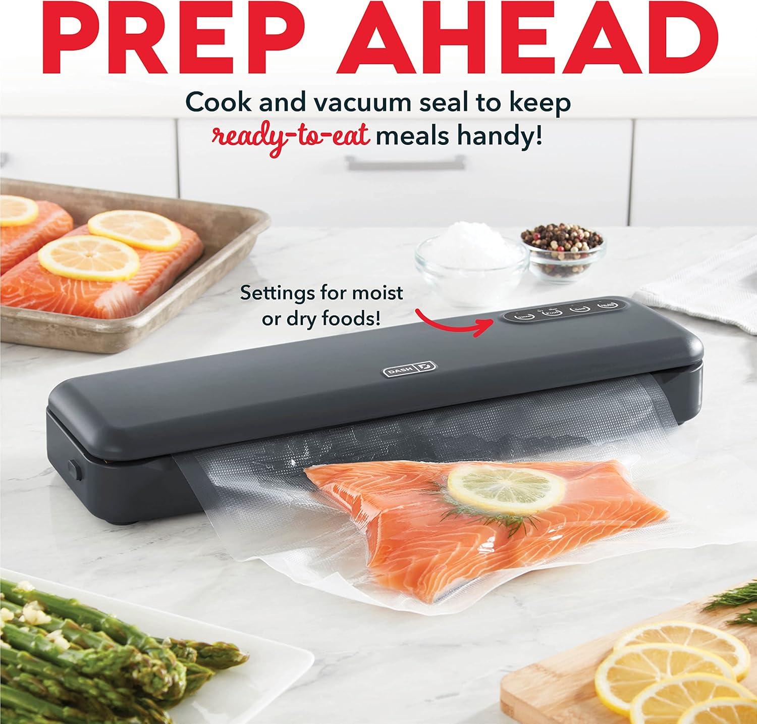 DASH SuperSeal™ Vacuum Sealer for Food Storage and Sous Vide, Perfect for Preserving Fresh Ingredients, Single Use & Reusable Bags and Cutter Included - Grey