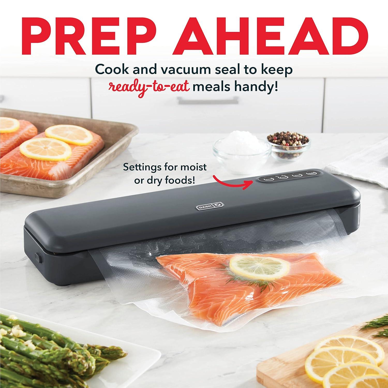 DASH SuperSeal™ Vacuum Sealer for Food Storage and Sous Vide, Perfect for Preserving Fresh Ingredients, Single Use & Reusable Bags and Cutter Included - Grey
