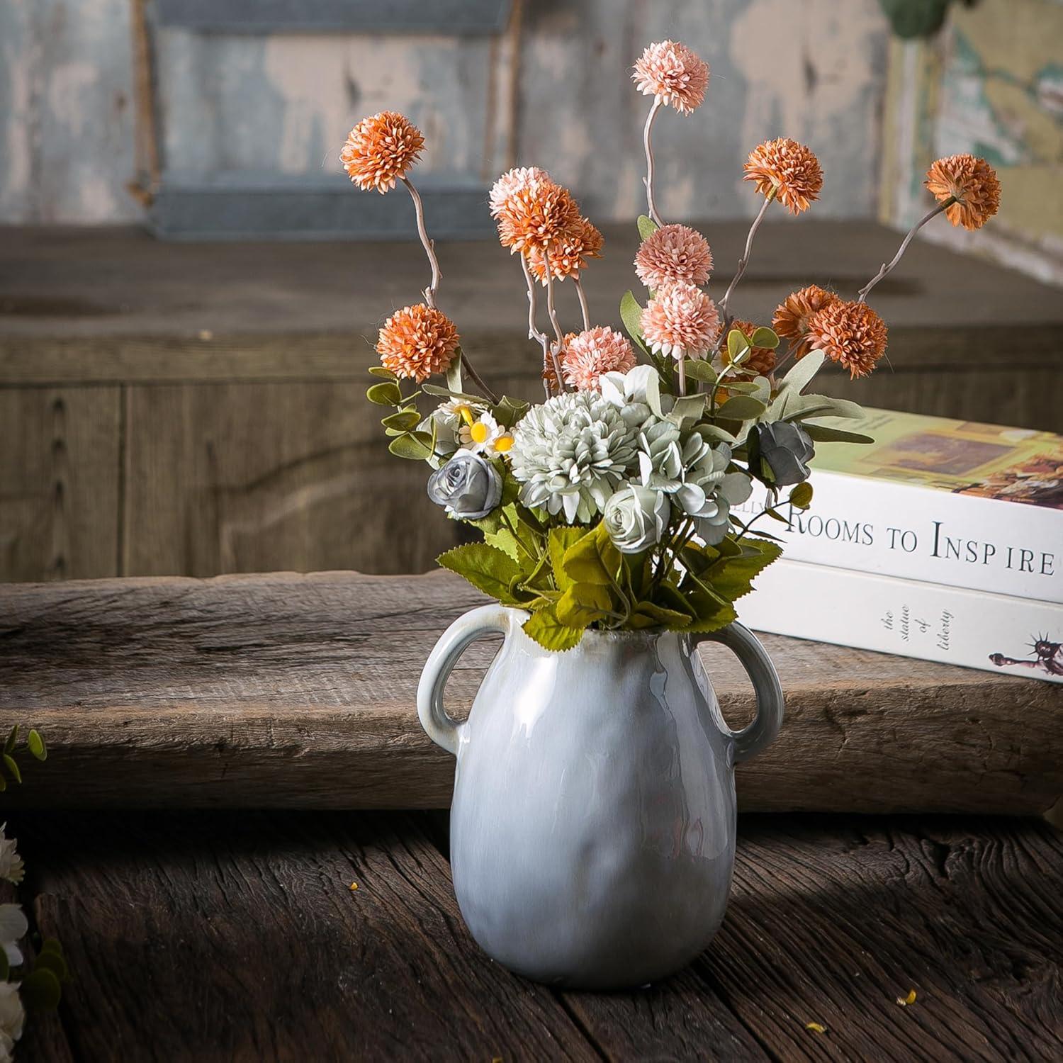 Grey Ceramic Vase with 2 Handles, Modern Farmhouse Vase for Home Decor, Rustic Terracotta Vase, Decorative Pottery Flower Vase, Clay Samll Vase, Centerpieces for Dining Table - 7 Inch Tall