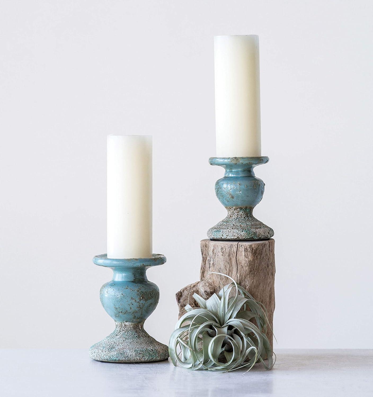 Creative Co-Op Small Distressed Blue Terracotta Pillar Candle Holder