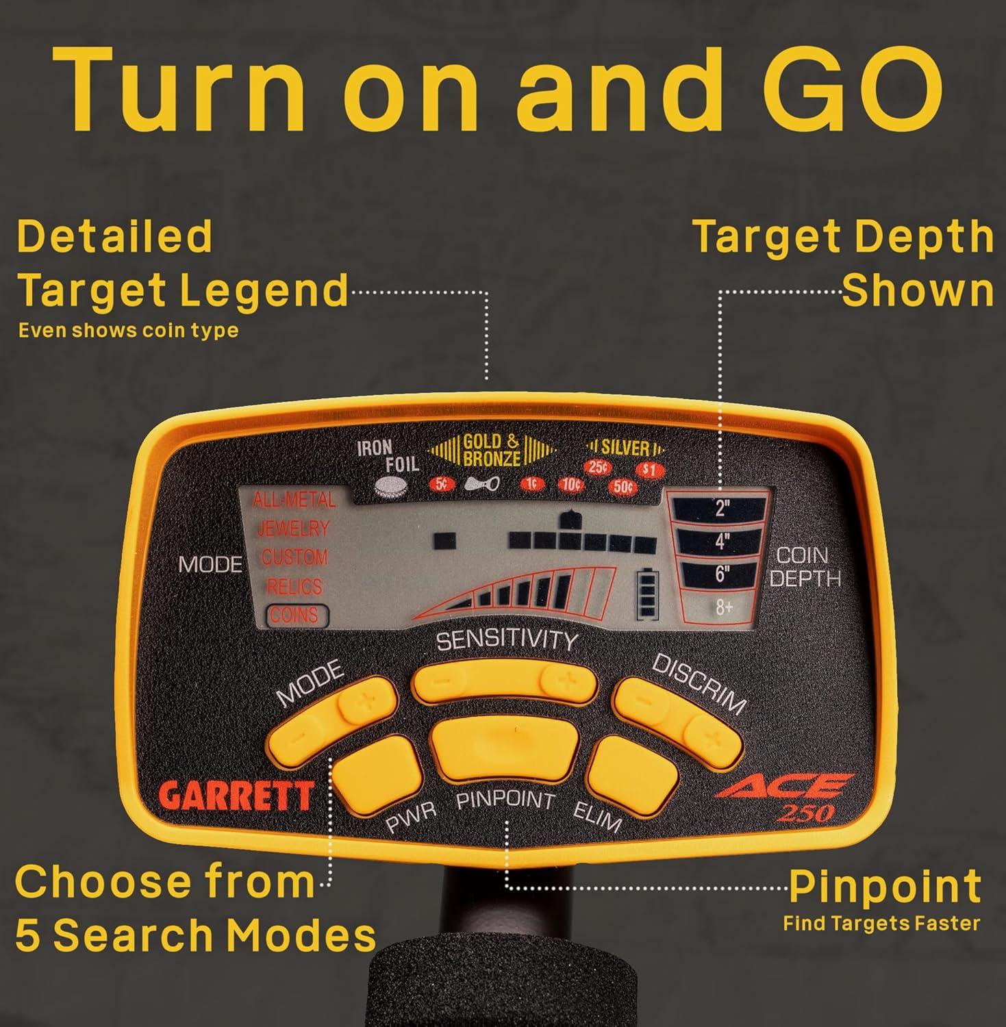 Garrett ACE 250 Yellow and Black Metal Detector with LCD Screen