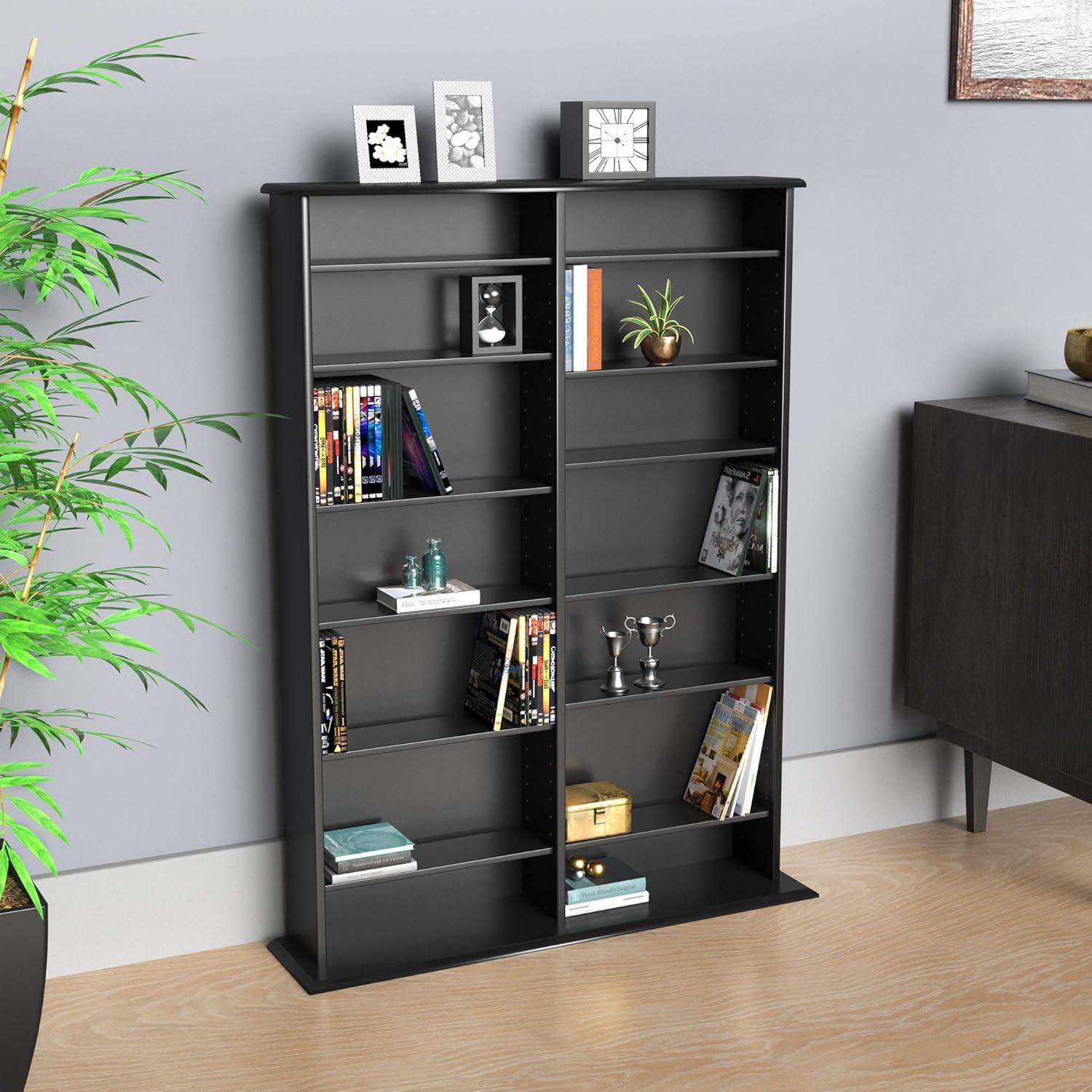 Deep Black Double Width Media Storage Unit with Adjustable Shelves