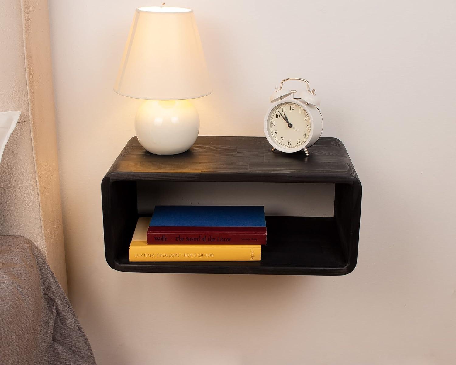 Black Spruce Wood Floating Nightstand with Open Shelf