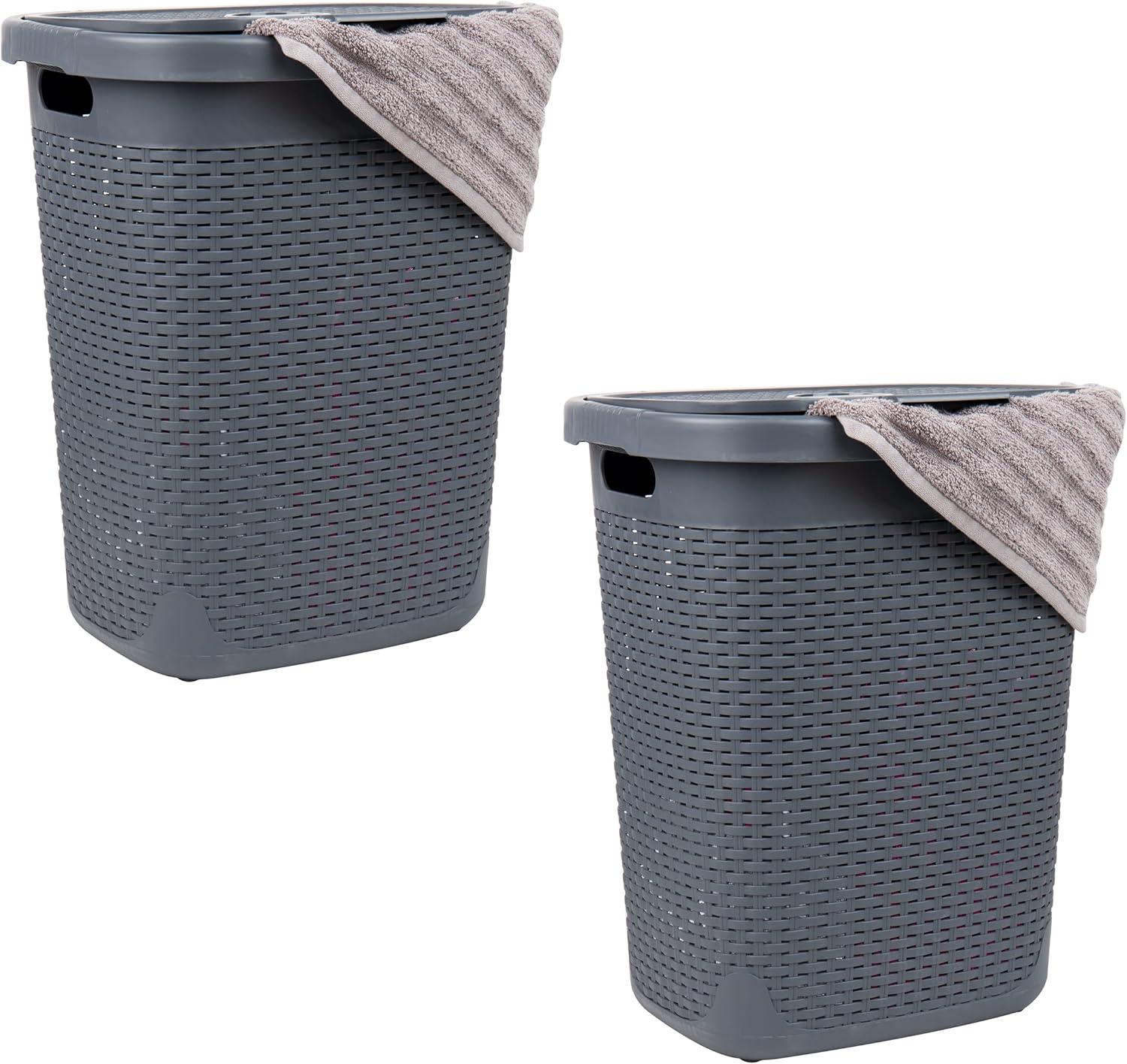 Mind Reader 50L Slim Laundry Hamper, Clothes Basket, Lid, Plastic, 17.65" L x 13.75" W x 21" H (Set of 2)