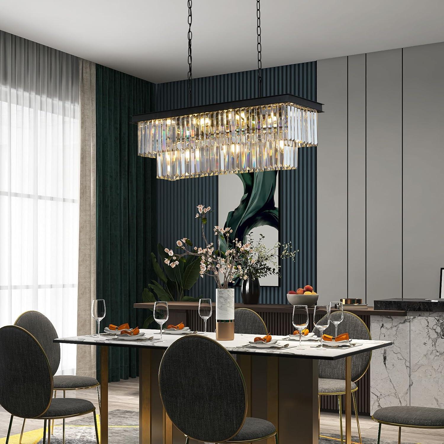 Black Rectangular 11-Light Crystal Chandelier for Dining Room