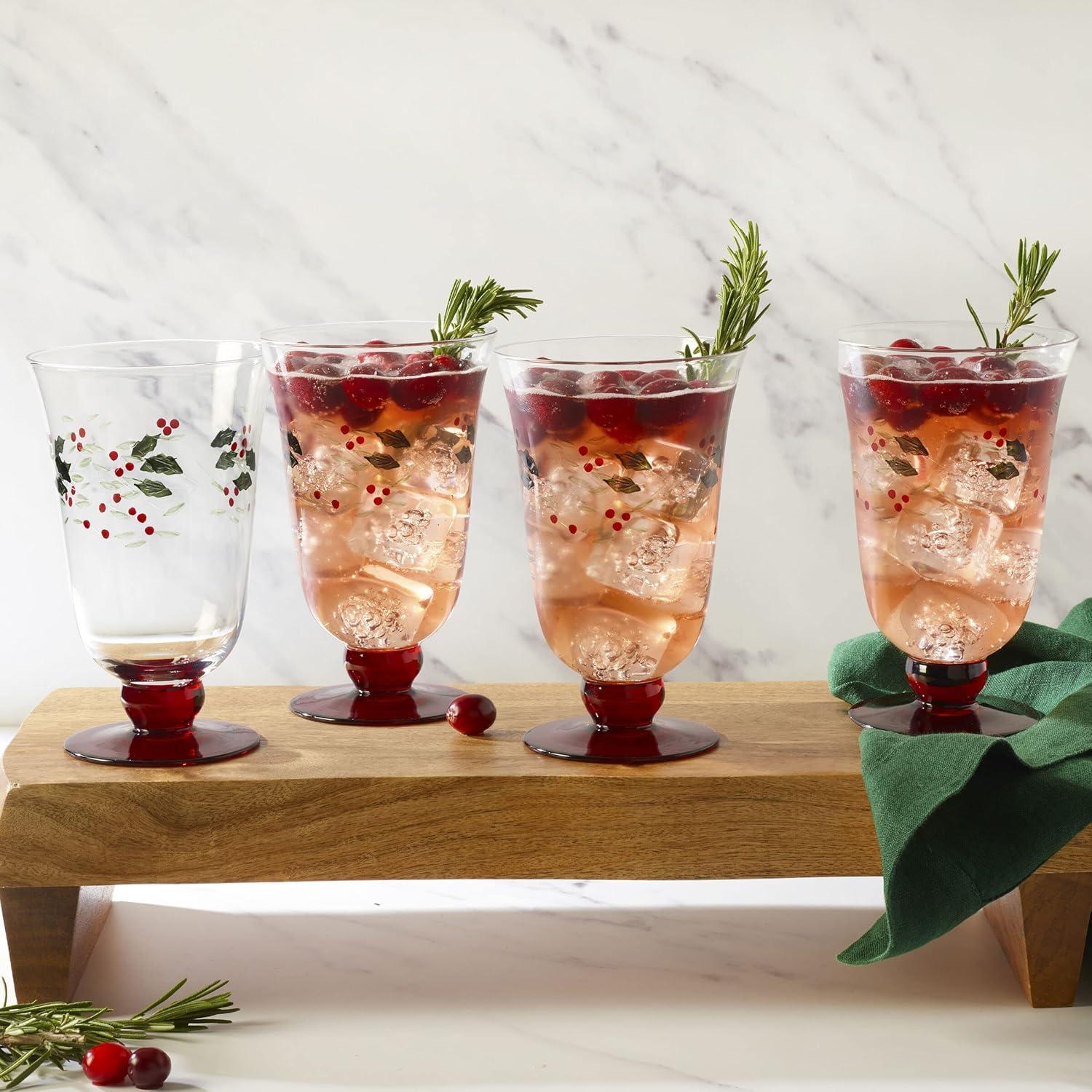 Winterberry Holiday Glass Goblets with Red Base, Set of 4