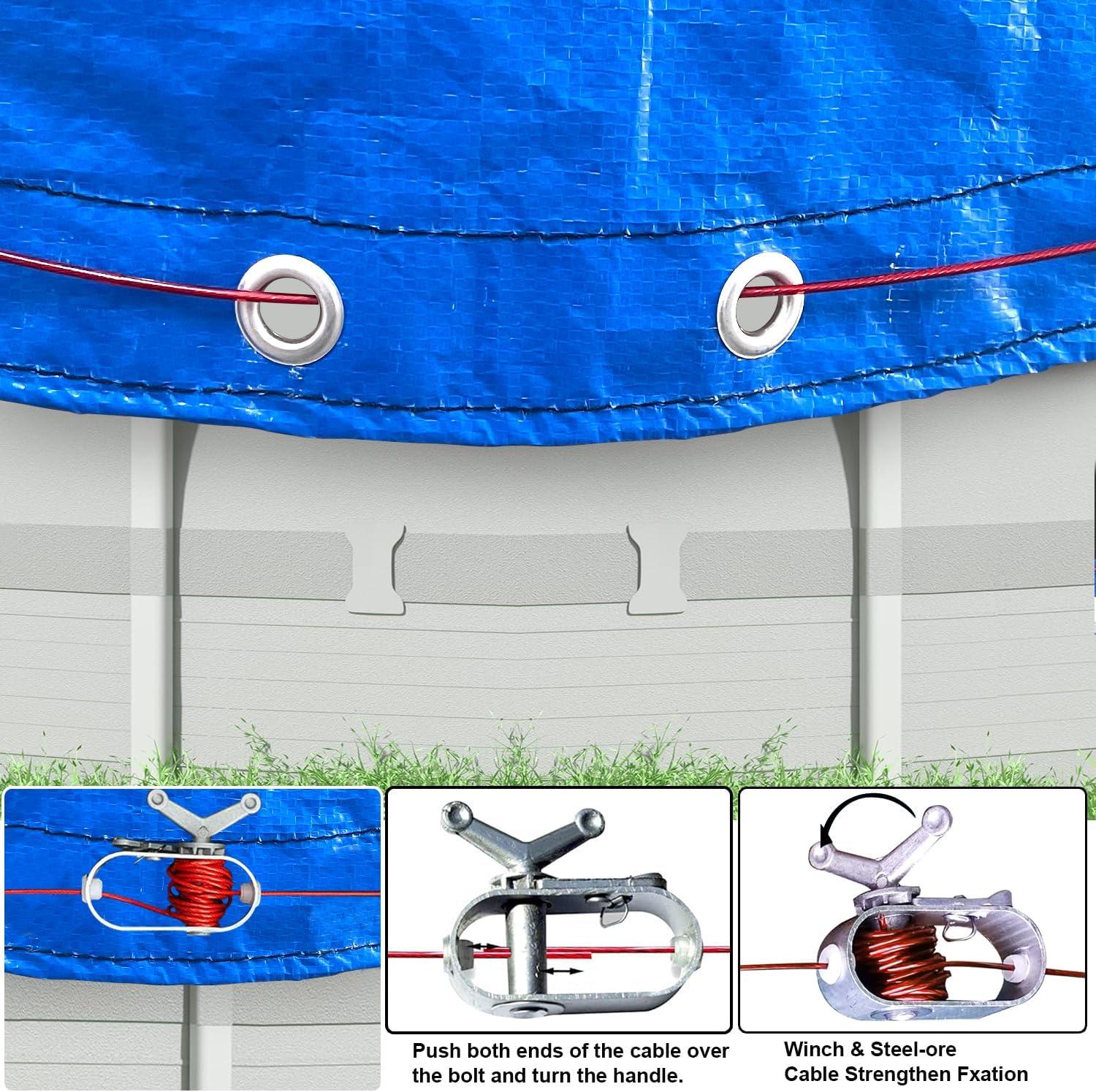 24ft Round Blue Above Ground Pool Cover with Steel Cable