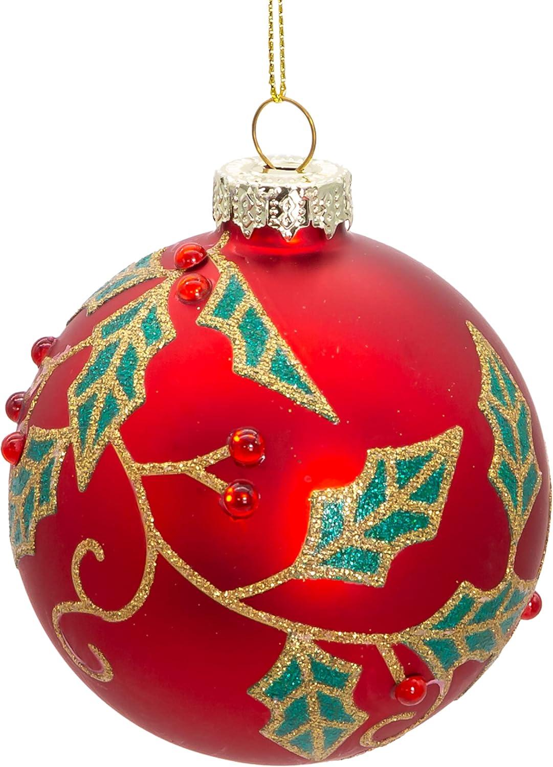 Kurt Adler 80MM Glass Red Berry and Holly Leaves 6-Piece Ball Ornament Set