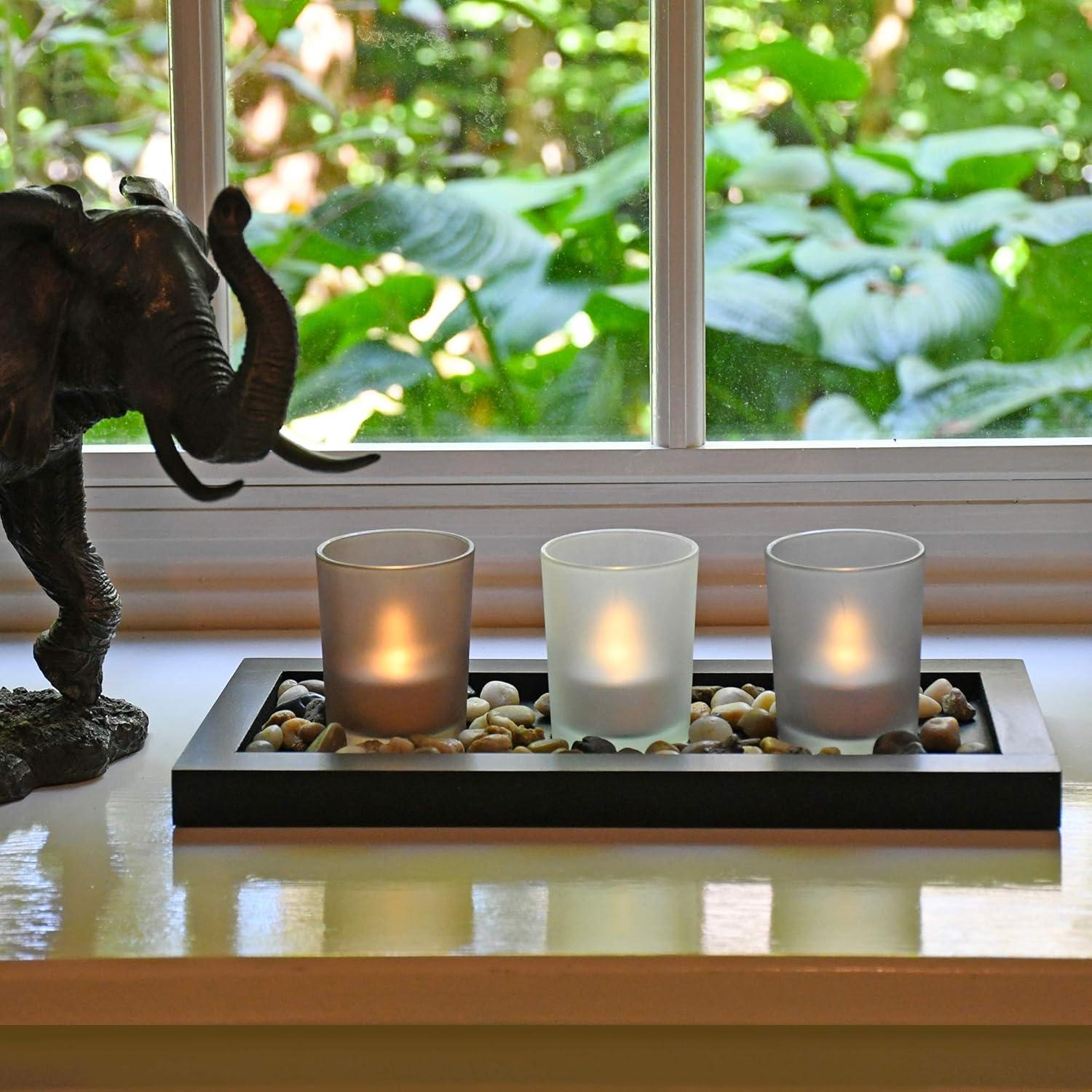 Warm Soft Black Wooden Tray with Earth-Tone Frosted Glass Candleholders