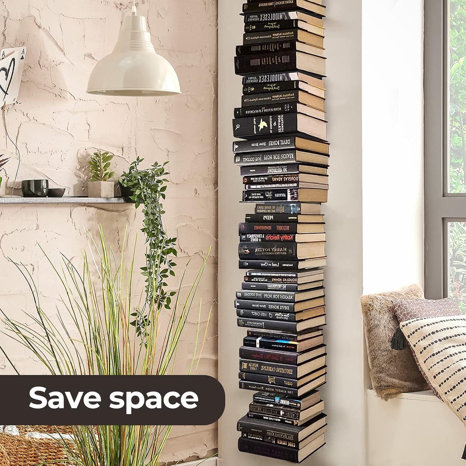 Invisible Floating Bookshelf For Wall Mounted, 4 Tier Vertical Spine Book Tower, 2 Pack White