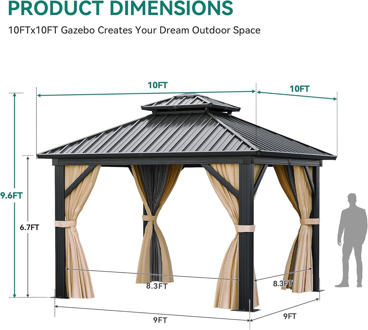 Dextrus 10x10ft Gazebo Double Roof Canopy with Netting and Curtains, Outdoor Gazebo 2-Tier Hardtop Galvanized Iron Aluminum Frame Garden Tent for Patio, Backyard, Deck and Lawns