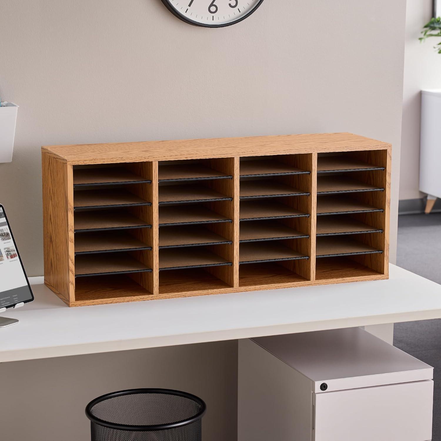 HomeStock Classic Charm Wood Adjustable Literature Organizer, 24 Compartment, Medium Oak, 11.75"D x 39.25"W x 16.25"H.