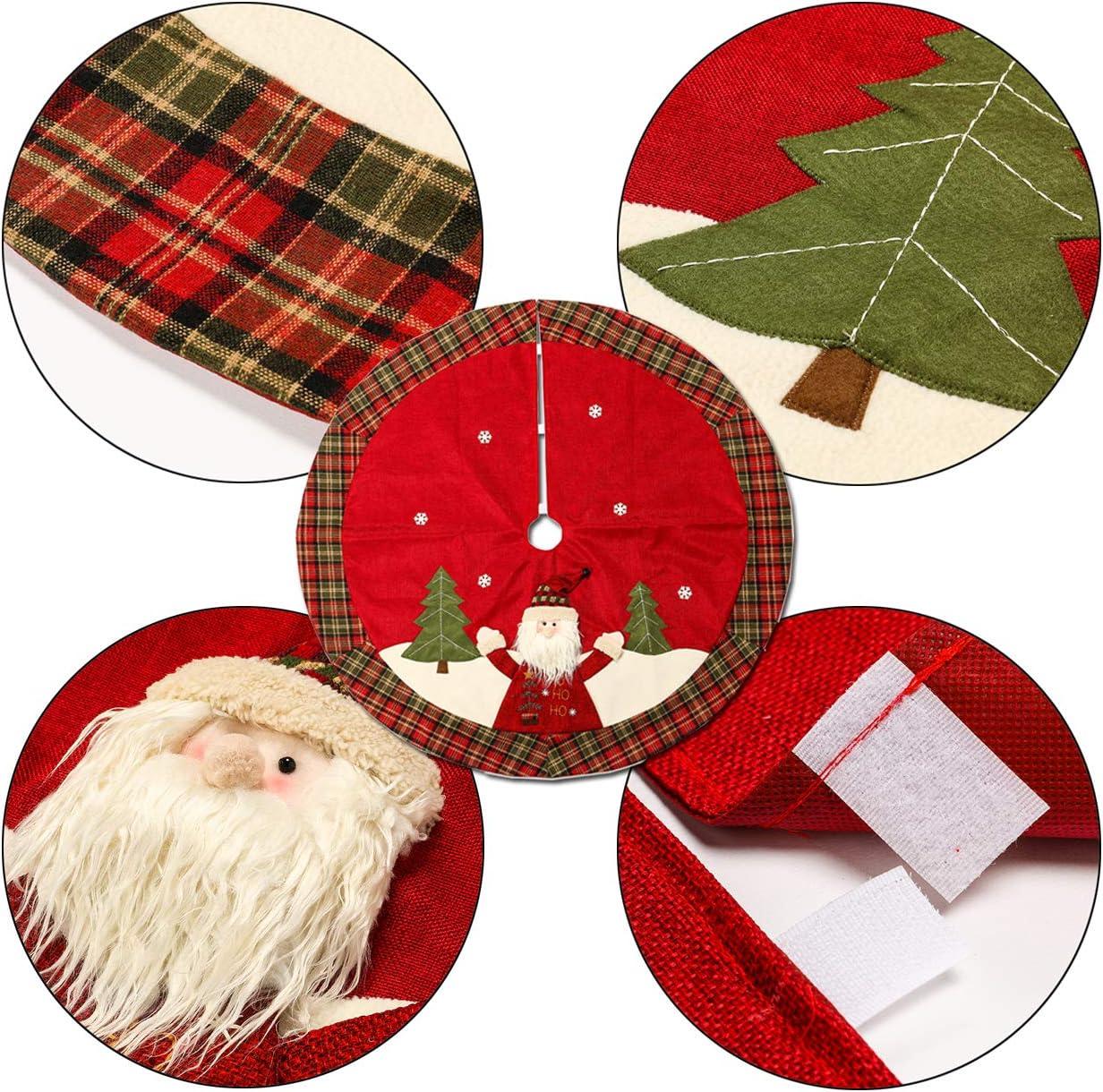 48" Red Burlap Christmas Tree Skirt with Santa and Plaid Edges