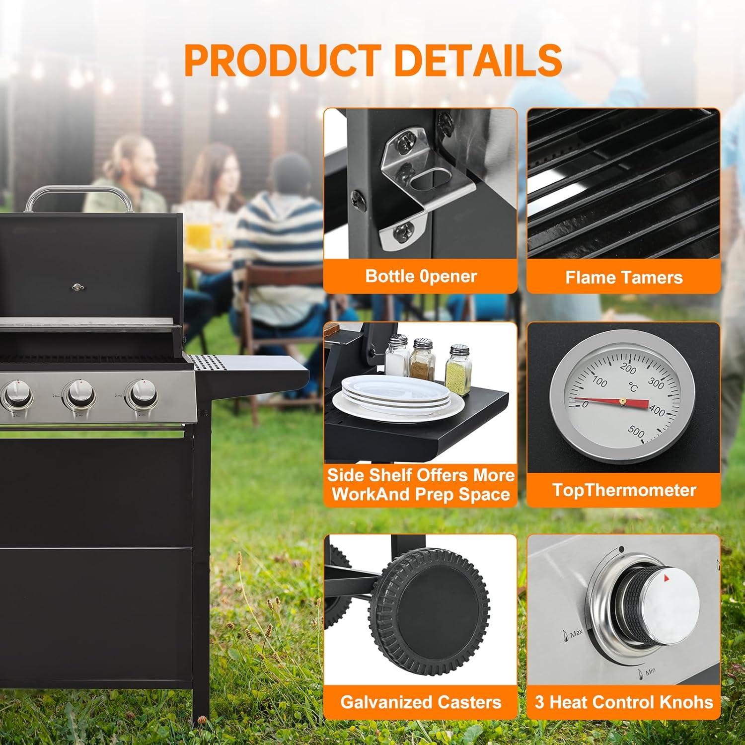 4 Burner Propane Gas Grill, Stainless Steel BBQ Grill 40,000 BTU for Outdoor Cooking Kitchen, Garden and Patio Backyard Barbecue, Black and Silver