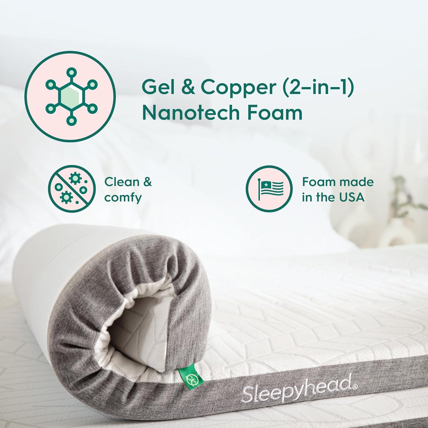 Sleepyhead Twin XL 2 Inch Super Memory Foam Mattress Topper for College Dorm – Copper & Gel Infused, Cooling, Washable Cover, Thick & Comfortable Mattress Pad, Dorm Room Essentials (XL Twin 2")