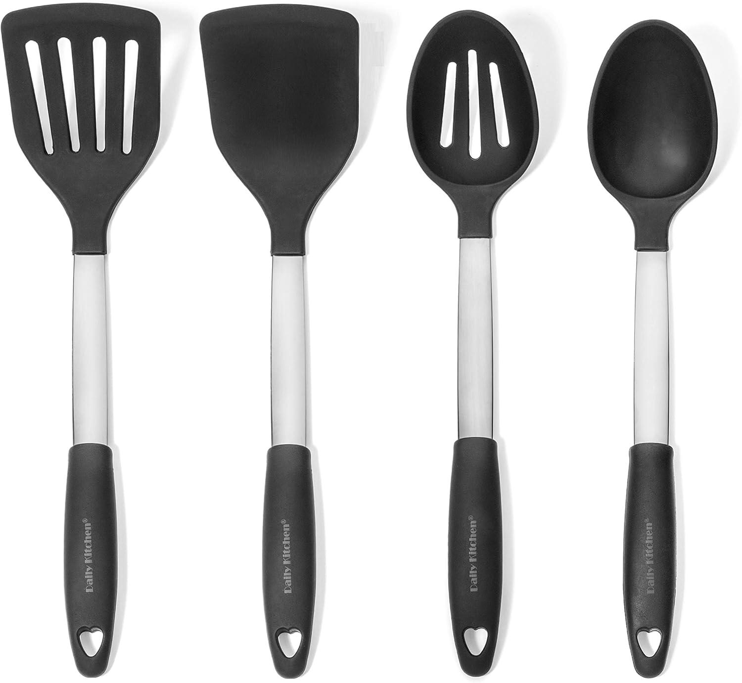 4-Piece Black Silicone and Stainless Steel Cooking Utensil Set