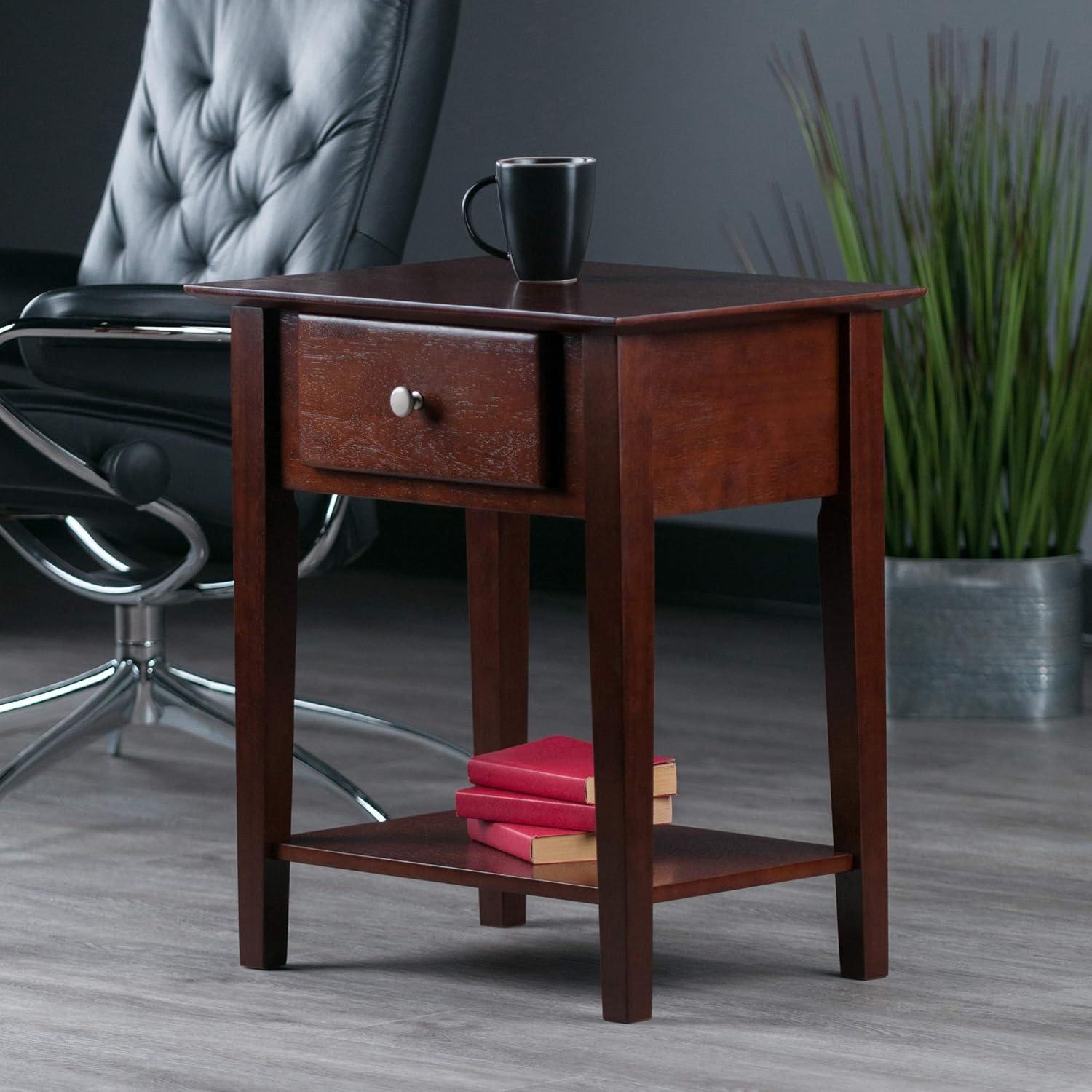 Shaker Nightstand Walnut - Winsome: Single Drawer, Open Shelf, Tapered Legs