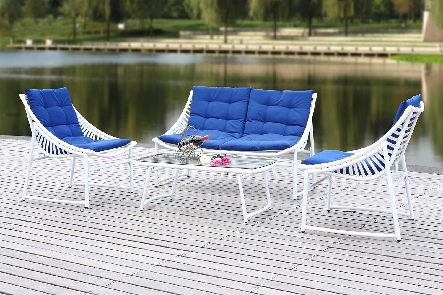 Berkane 4-Piece White and Navy Rattan Outdoor Set