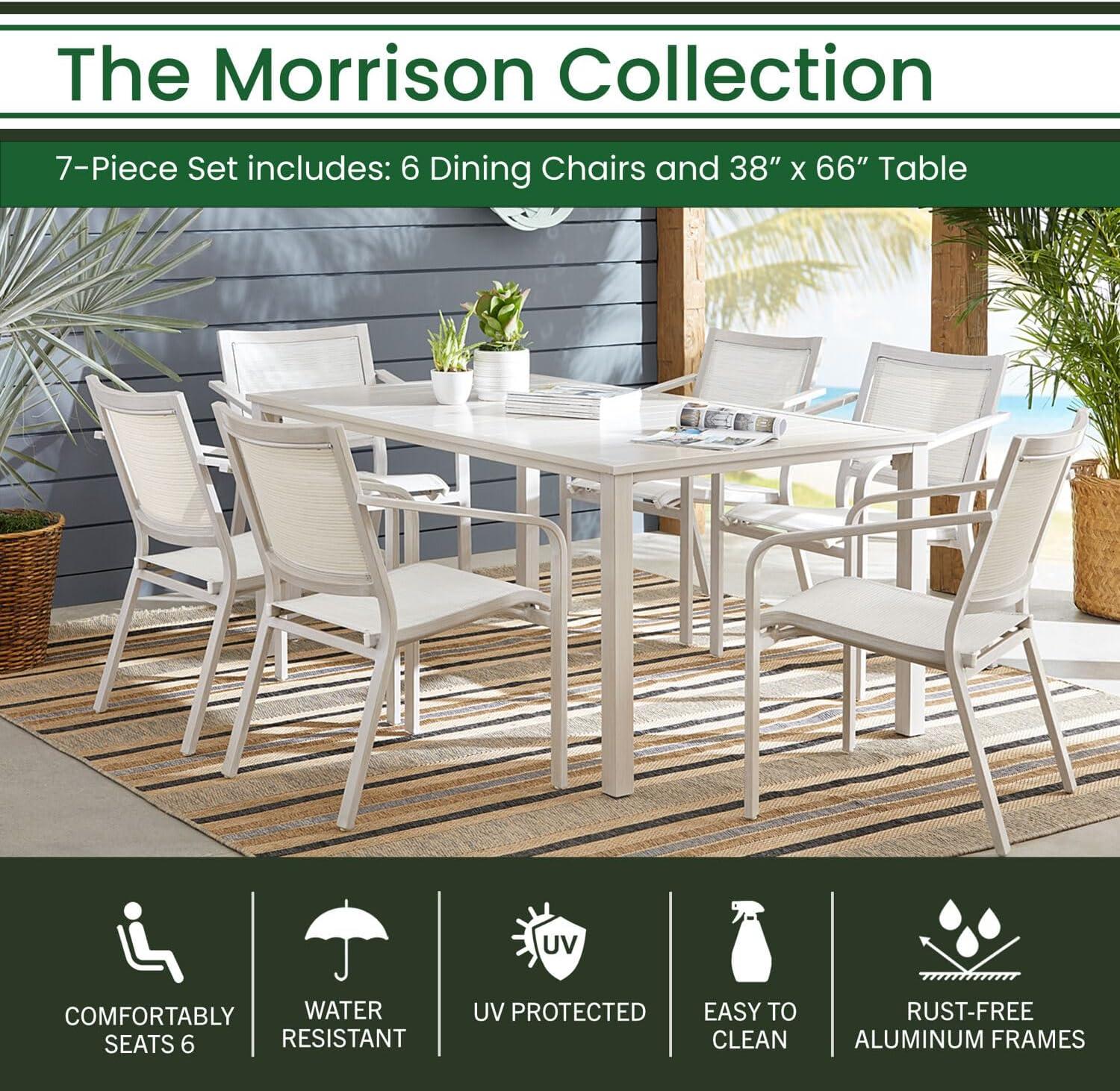 Hanover Morrison 7-Piece Outdoor Costal Dining Set with 6 Aluminum Sling Chairs and Slat Top 66" x 38" Table, Rust-Resistant - MORDN7PC-WHT